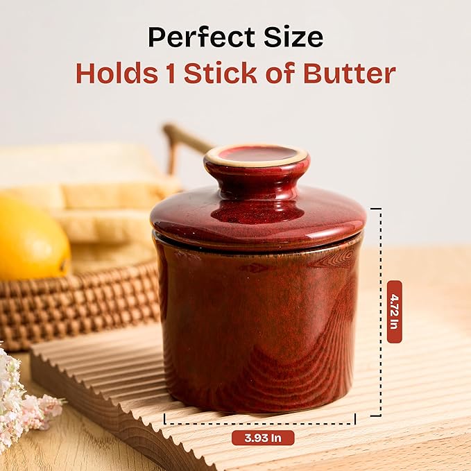 Pottery Butter Crock with Lid, Ceramic Butter Dish with Water Line, Countertop Butter Keeper, Butter Holder for Countertop, Red