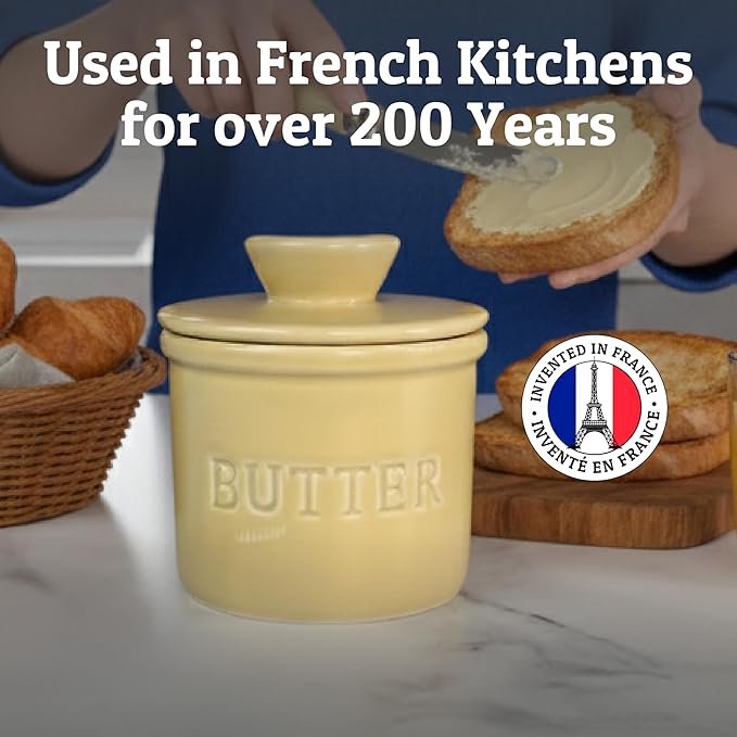 PriorityChef Butter Crock with Lid with Water Line, Ceramic French Butter Dish to Leave On Counter, Khaki