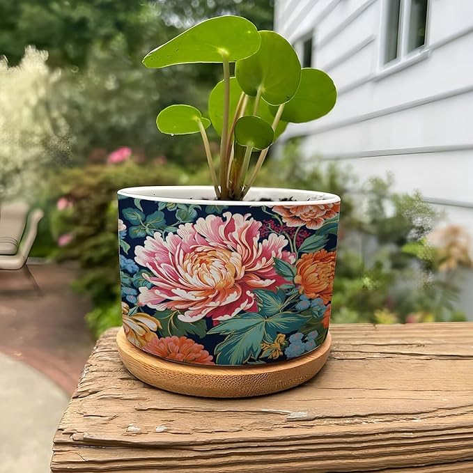 Bright and Chinoiserie Ceramic Planter Coral Peony Floral Snake Plant Live Indoor with Pot with Drainage Holes and Saucers Pot for Pots Outdoor Indoor Plants