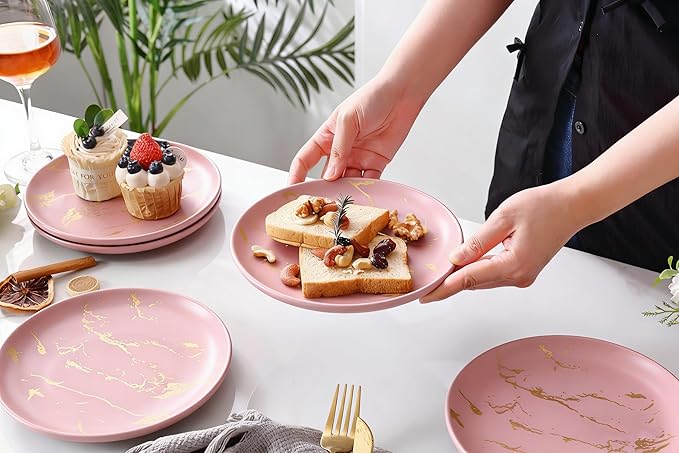 6-Piece Dinner Plate Set, 10-Inch PinkMarble Ceramic Plates with Gold Rim, Oven & Microwave Safe, Elegant Appetizer Salad Dessert Plates for Modern Dining, Dishwasher Safe.