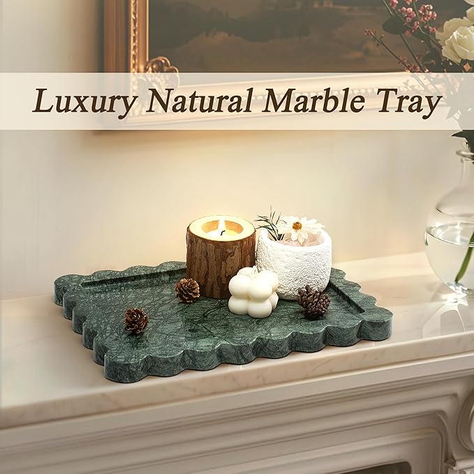 Real Natural Marble Tray, Luxury Scalloped Vanity Decorative Tray, Genuine Indian Green Stone Tray for Bathroom Dresser, Home Decor, Kitchen Storage, Non-Resin/Ceramic, 10.6" x 8", Green