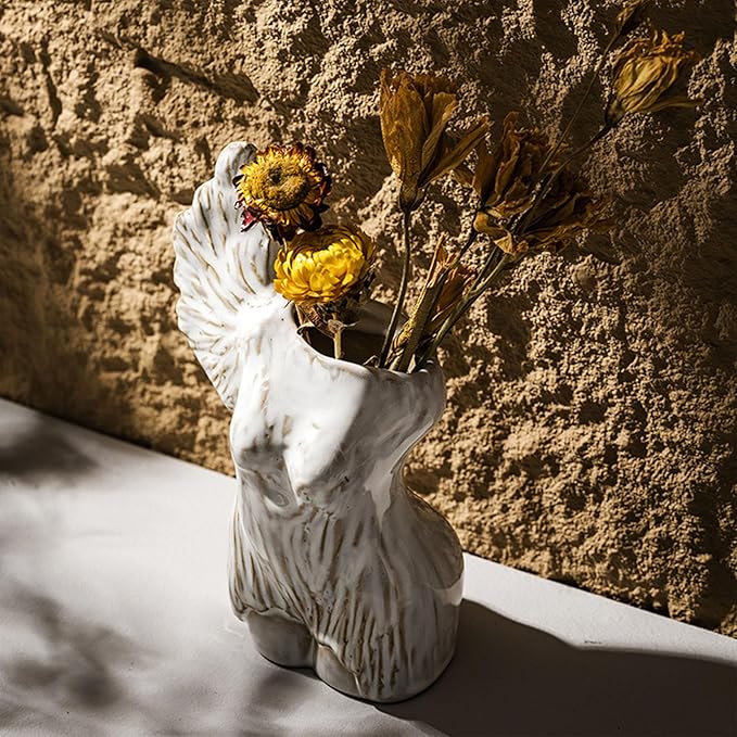 Art Vase, Sculptural Ceramic Vases for Home Decor, Handcrafted Wabi-Sabi Style Female Torso Vase with Single Wing and Textured Gradient Glaze, Modern Minimalist Decoration, Unique Gift Idea