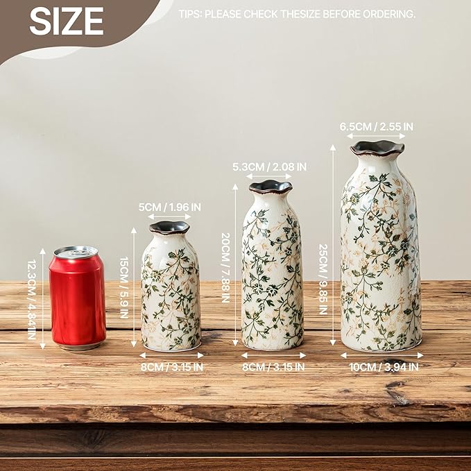 Ceramic Vase Set of 3, Vintage Green and Beige Vases Set, Flower Rustic Chinoiserie Vases Floral Grand Millennial Farmhouse Decor Vase for Home Decor, Living Room, Kitchen, Bedroom, Bookshelf