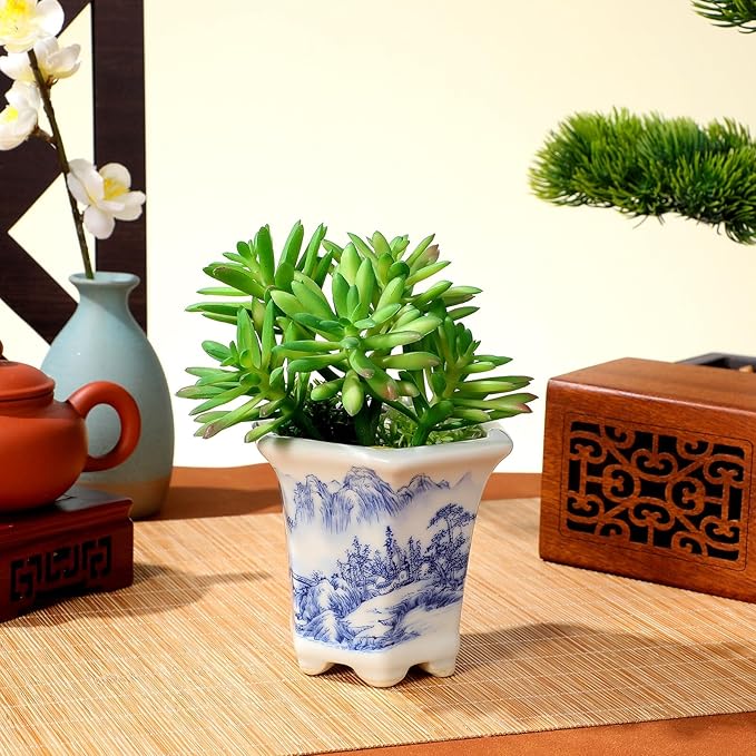SUPVOX White Porcelain Blue and White Planter Pot for Indoor Succulents and Small Plants, Ceramic Oval Flowerpot with Traditional Chinese Pattern, Decorative Home Gardening Container