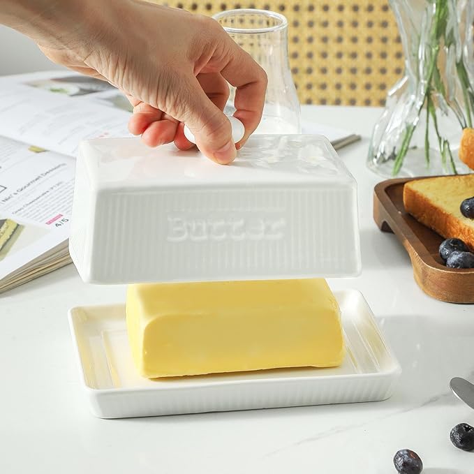 Large Butter Dish with Lid, 8oz Ceramic Butter Holder with Knob Handle, Striped Butter Keeper, Porcelain Butter Tray Butter Container for East & West Coast Butter, Farmhouse Kitchen Decor, White