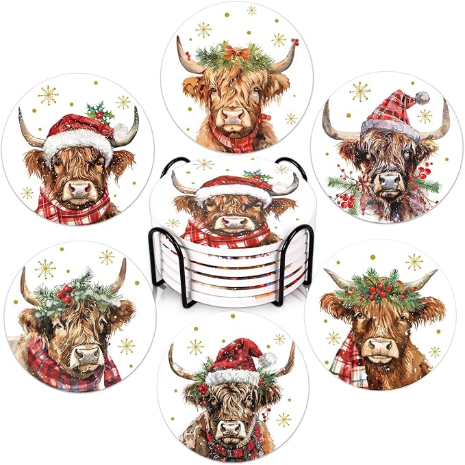 Whaline 6 Pcs Christmas Coasters Cup Mat with Metal Holder Watercolor Highland Cow Snowflake Ceramic Drink Coasters for Xmas Winter Holiday Animal Party Home Table Decor