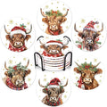 Whaline 6 Pcs Christmas Coasters Cup Mat with Metal Holder Watercolor Highland Cow Snowflake Ceramic Drink Coasters for Xmas Winter Holiday Animal Party Home Table Decor