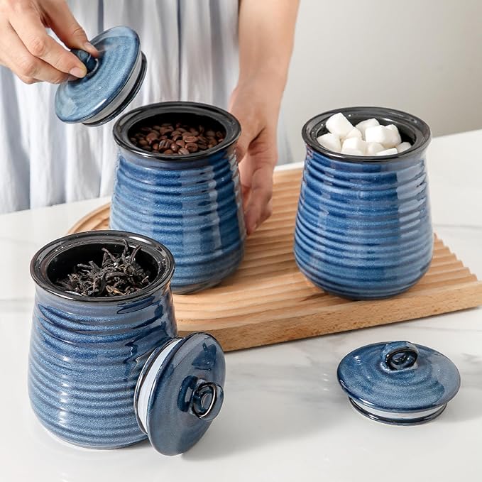 HASENSE Kitchen Canisters Set with Airtight Lid for Countertop, 25 Ounce Ceramic Vintage Food Storage Jars Containers Set of 3 with Cover for Coffee, Sugar, Tea, Spice, Candy and Nut, Navy