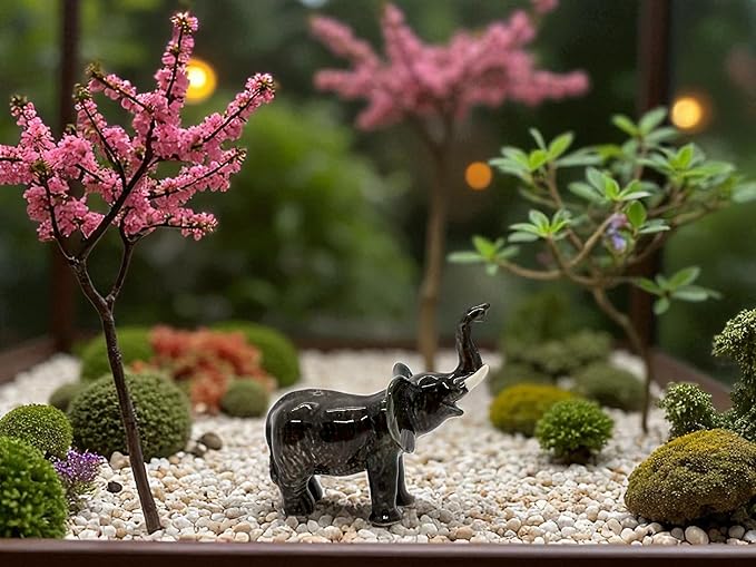 ChangThai Design Tiny 2½" Black Elephant Standing Lift Trunk Figurine - Miniature Hand Made Painted Ceramic Asian Elephants Cute Wildlife Animals Porcelain Decorative Collectible Figurines Décor Gifts