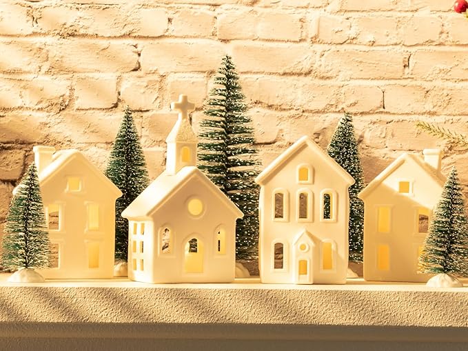 9 Pcs Christmas Village Figurines Sets - 4 Lighted Ceramic Houses with Remote Control & 5 Trees - Christmas Decorations Indoor - White Xmas Holiday Farmhouse Rustic Decor for Home Table Room