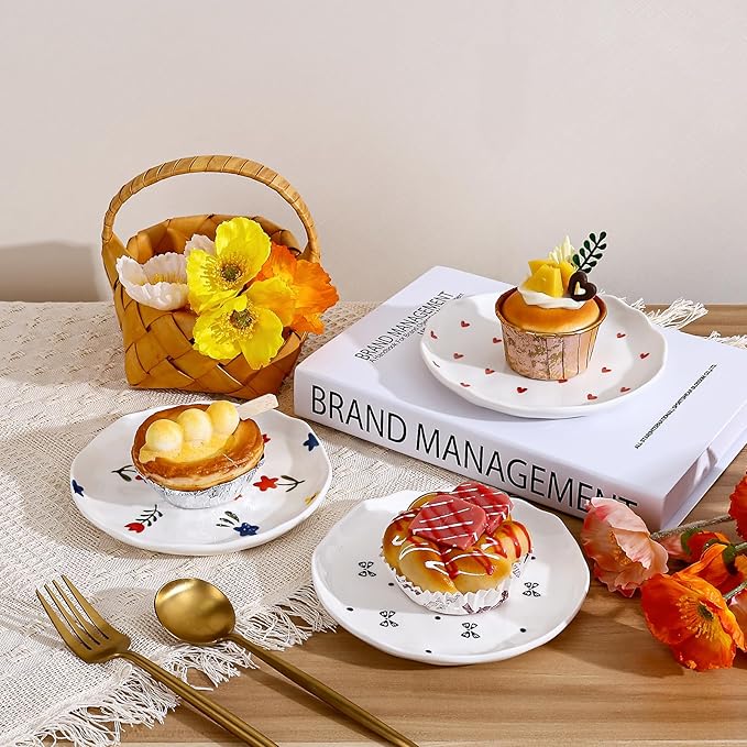 Koythin Ceramic Dessert Plates, Cute Fruits Dinner Plate, Creative Plates Design, Printed Flowers Dinnerware for Office and Home, Kitchen Plates for Desserts (Black Small Bow)