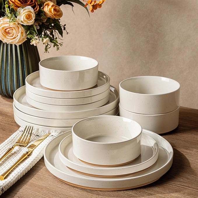 AmorArc Ceramic Dinnerware Set for 6 | Speckled Stoneware Plates and Bowls with Rustic Terracotta Underside| Scratch Resistant,Dishwasher & Microwave Safe Dishes Sets- 18pcs