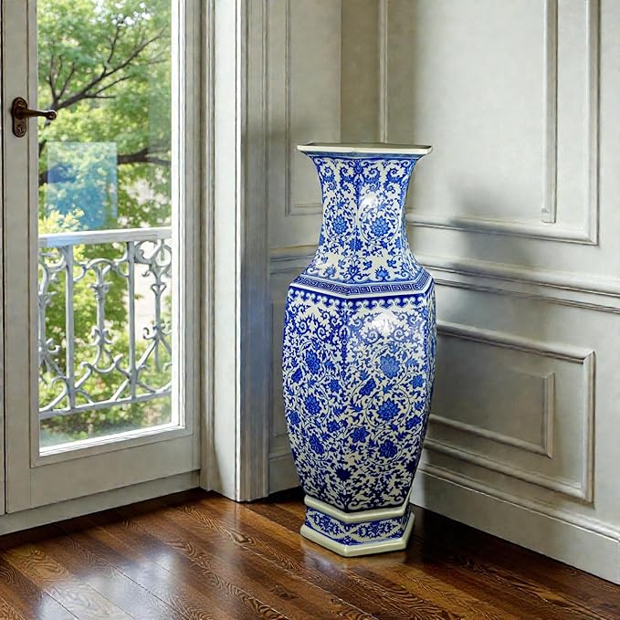 24" Classic Blue and White Hexagonal Lotus Porcelain Vase, Ceramic Vase Jingdezhen, China Qing Style （D8）