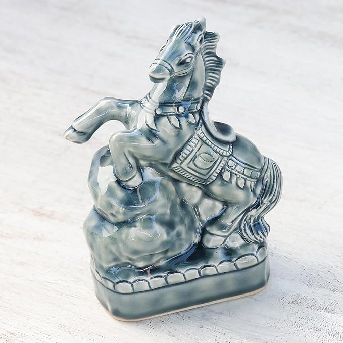 NOVICA Artisan Handmade Ceramic Sculpture Crackled Blue Horse from Thailand Animal Themed East Meets West Cultural [6.5in H x 4.9in W x 2.8in D] ' Lucky Horse'