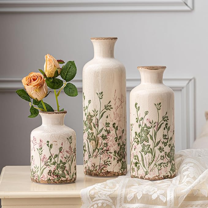 Vintage Floral Pitcher Vase with Handle, Ceramic Farmhouse Flower Vase French Country Decor, Rustic Table Centerpiece, Grand Millennial Tuscan Home Decor for Living Room, Bookshelf (Pink-008)