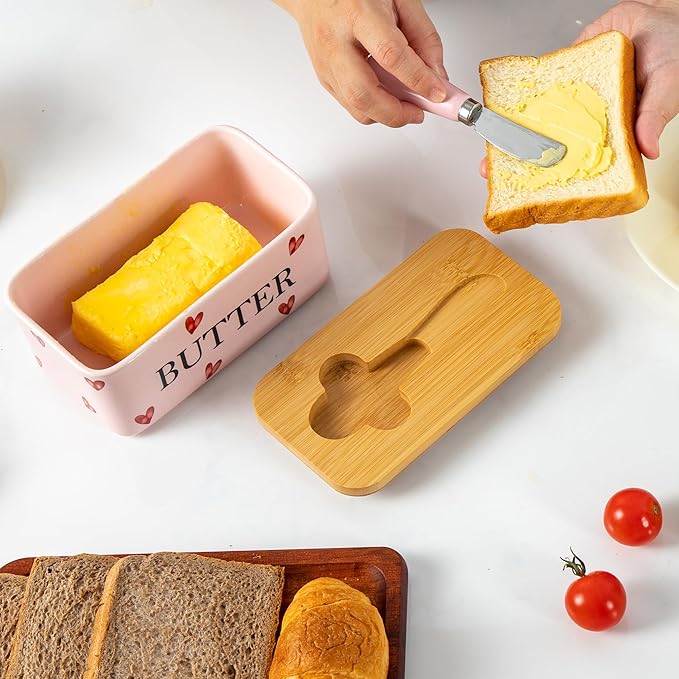 Pink Ceramic Butter Dish with Bamboo Lid and Knife, Cute Butter Holder,Large Covered Butter Container for Refrigerator, Butter Keeper with hearts design, Unique Kitchen Decor Gift(pink love)