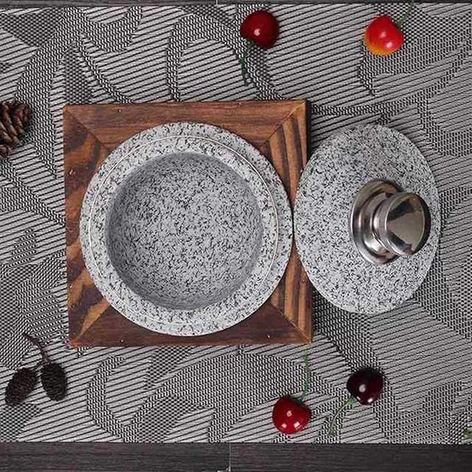 Korean Granite Stone Bowl with Lid,Heavy-Duty Granite Stone Bowl with Wood Base, Rice Cooker,Ceramic Pot Casserole,Clay Pot for Korean Cuisine Stone Diameter 14cm
