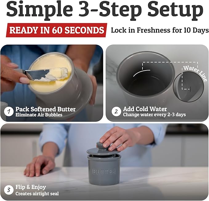 PriorityChef Butter Crock with Lid with Water Line, Ceramic French Butter Dish to Leave On Counter, Grey