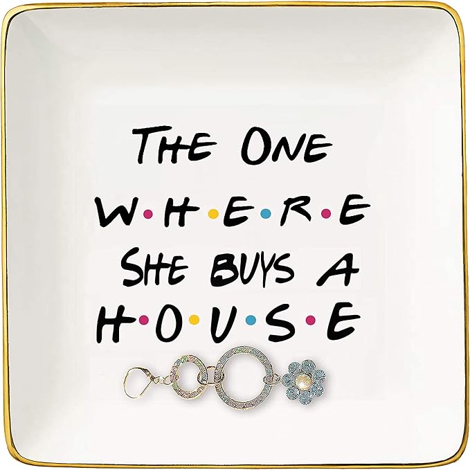 Topthink The One Where She Buys A House - New Home Owner Gift - Housewarming Gifts for Women - New Homeowners Gift - First Home - Ceramic Jewelry Holder Ring Dish Trinket Box Tray - Friends TV Show