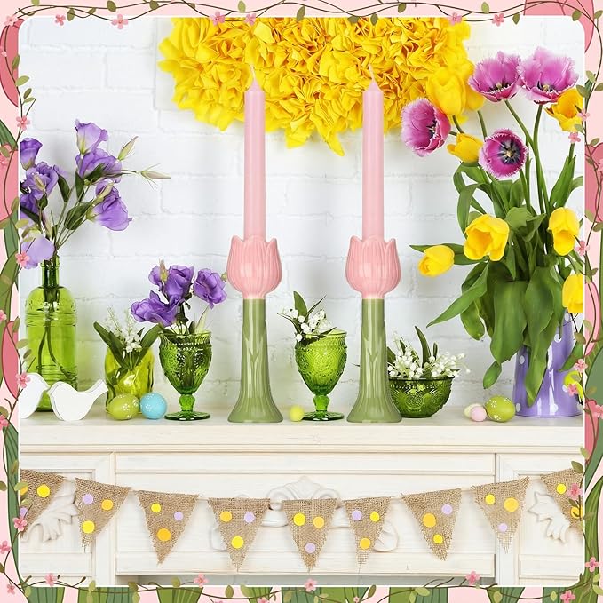 Vesici 2 Pcs 7.9 Inch Spring Pink Tulip Candle Holder Ceramic Tealight Candle Stick Holder for Table Centerpieces Wedding Parties Holiday Tabletop Decor Anniversary Engagement Gift