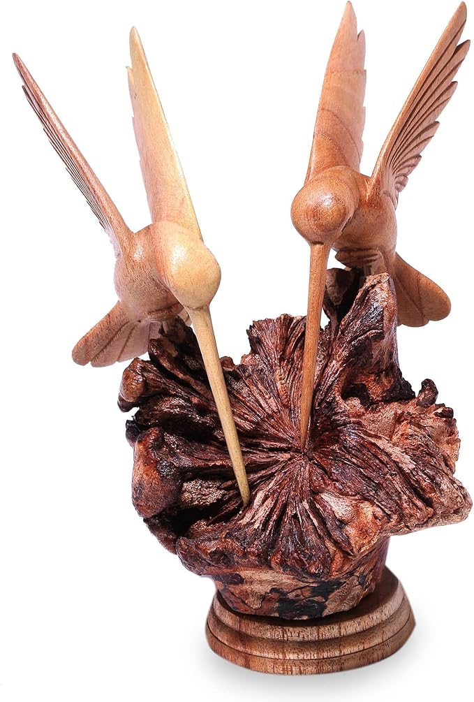 NOVICA Artisan Crafted Handcarved Wood Sculpture | Hummingbird Figurine Decor | Sustainable Animal Themed | Benalu & Jempinis Wood | NAT Geo Decoration | Indonesia ' Hummingbird Couple' 7.5" H x 6" W