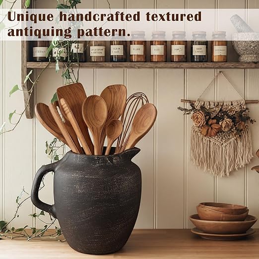Rustic Kitchen Utensil Holder with Handle,7.48" H Ceramic Vintage Utensil Crock for Countertop, Farmhouse Kitchen Decoration Ceramic Pot for Spatulas Spoons Tongs(Novelty,Antique Black Gold)