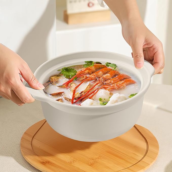 Korean Dolsot Pot Set, Bowl with Lid, for Cooking Bibimbap, Kimchi, Hot Pot, Soups and Stews, Oven and Dishwasher Safe, 1.9 Quart, White