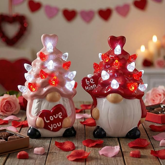 Valentines Day Decorations Pink&Red Lighted Up Ceramic Gnome Tree, Gnomes Figurines for Table Centerpieces Home Decor Indoor Outdoor Party, Valentines Day Gifs Home Decor for Couples Anniversary