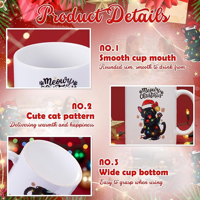 Sliner 2 Set Black Cat Gifts Coffee Mugs 11 oz Christmas Ceramic Coffee Cup Funny Cute Tea Cup Xmas Holiday Birthday Gifts for Men Women Cat Lovers
