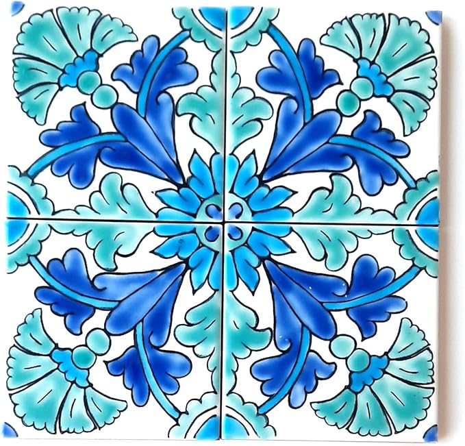 DŸARI Decorative Ceramic Tiles – Hand Painted Indoor & Outdoor Floor Tiles – Spanish Artisan Tile Top Kitchen – Mediterranean Decorative Tiles 4” × 4” – Durable Colorful Floor Tiles – 140 g (Eau V 10)