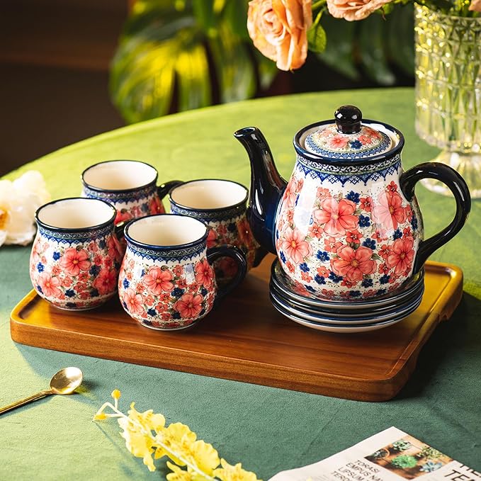 polish pottery style porcelain ceramic 10 piece Tea set,7.2oz tea cup and sauce set of 4,28.2oz teapot and 1wooden tray (Snow and Plum)