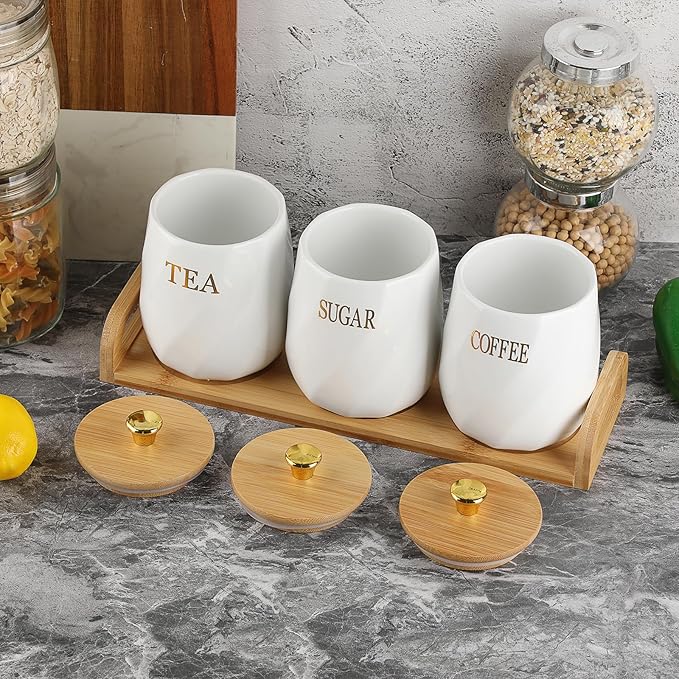JUXYES Set of 3 Ceramic Canisters Set for Sugar Coffee Tea With Handle Tray, Luxurious Storage Containers Sets with Lids Decorative Storage Pots White Ceramic Storage Jar for Kitchen Dining Room