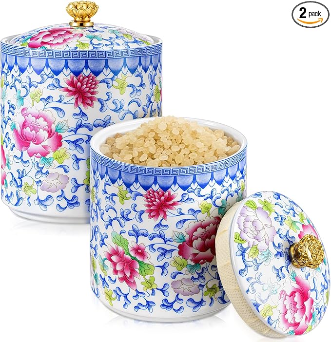 2 Pcs Vintage Chinese Ceramic Porcelain Salt Cellar with Lid Ceramic Salt Holder Container for Coffee, Sugar, Spices and Candies, Airtight Spice Jar, Kitchen Storage Dish (Colorful)