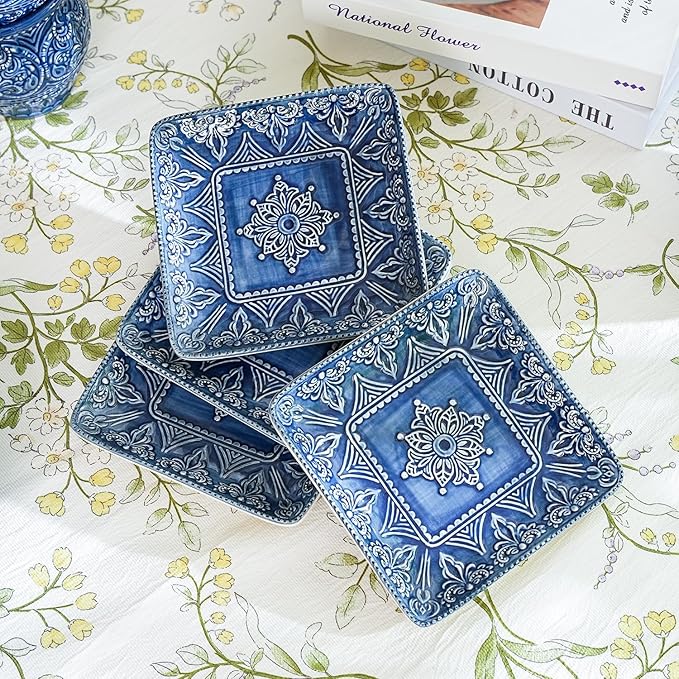 Sungmor Embossed Stoneware Fine Dining Dinnerware, Antique Baroque Style Porcelain 6 Inch Square Appetizer Plates Set of 4, Sophisticated Ceramic Small Dinner Plates Serving Dish for Dessert, Salad