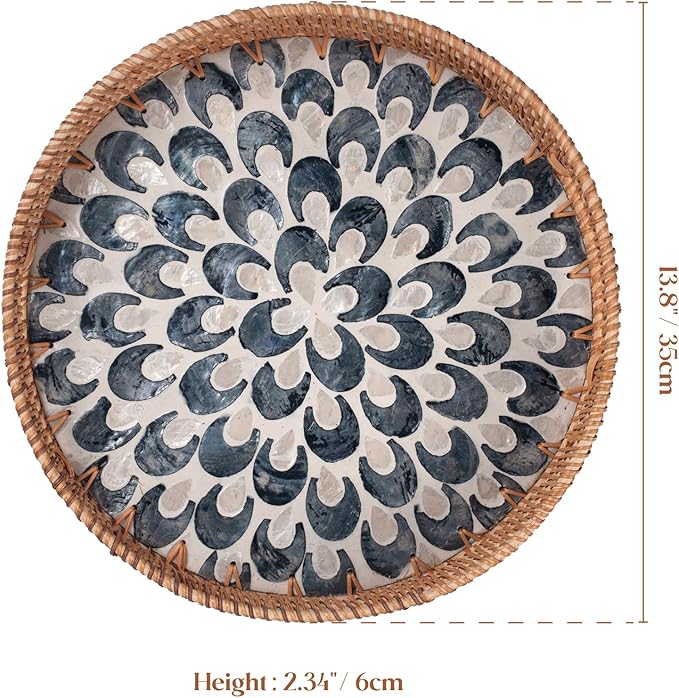 YANGQIHOME Round Serving Tray with Handle, Rattan Tray with Decorative Mother of Pearl Inlay, Round Wicker Trays for Home Decor, Coffee Table, Gifts, Dining,13.8 inch