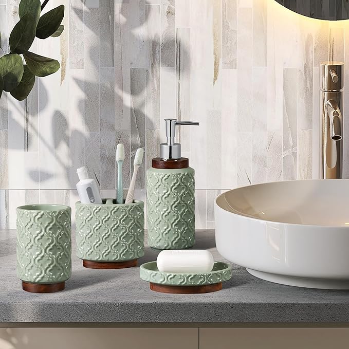 Elegant 6 PCS Ceramic&Wood Bathroom Accessories Set:Soap Dispenser,Toothbrush Holder,Tumbler,Soap Dish,Tray,Trash Can,Easy to Clean,Quatrefoil Pattern,Green-Affordable Home Luxury