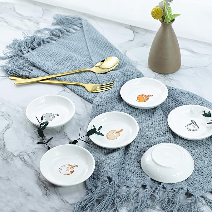 SOCOSY Super Cute Funny Cat Butts Ceramic Sauce Dish/Seasoning Dish/Sushi Soy Dipping Bowl/Appetizer Plates/Serving Dish for Kitchen Home(Set of 6)