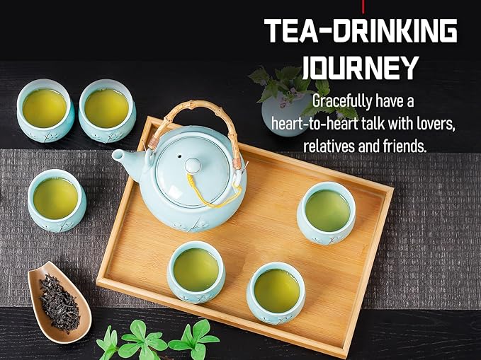 Japanese Tea Set with 1 Teapot(23 oz/660ml), 6 Tea cups(5.3 oz/150ml), 1 Tea Tray, 1 Stainless Infuser, Golden plum blossom relief,Chinese gungFu tea set (Golden plum-Blue)