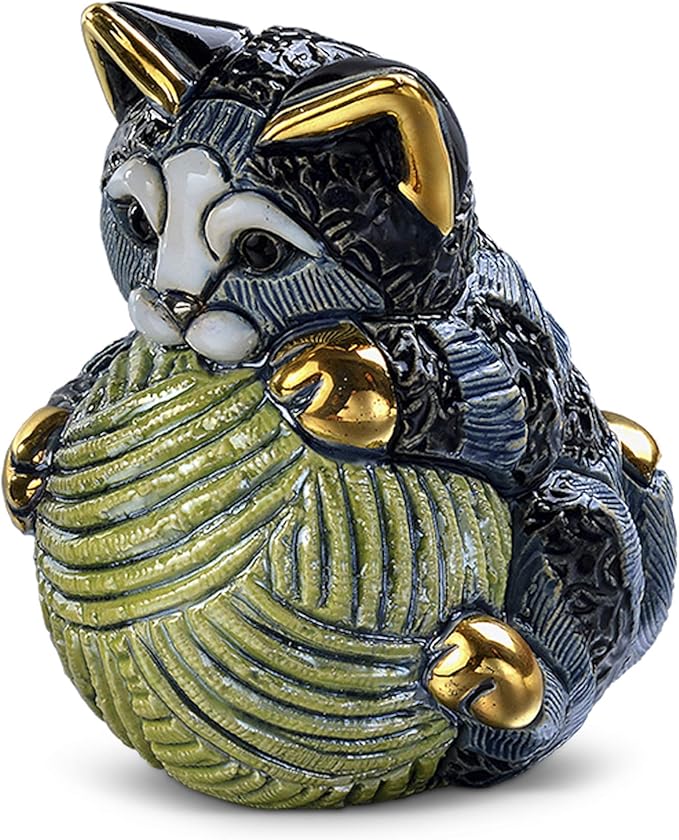 De Rosa Handmade Sculpted Ceramic Gray Striped Kitten w/Yarn Ball Family Collection