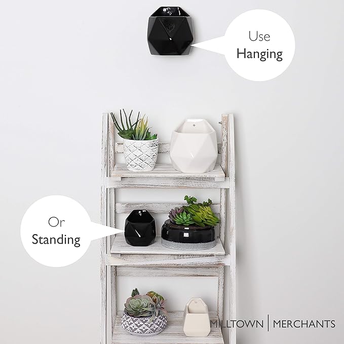 Milltown Merchants Succulent Wall Planters - Wall Vases - White Ceramic Wall Mounted Planters - Succulent Plant Pots - Hanging Vases for Living Wall (2 Pack/Geometric/Black)
