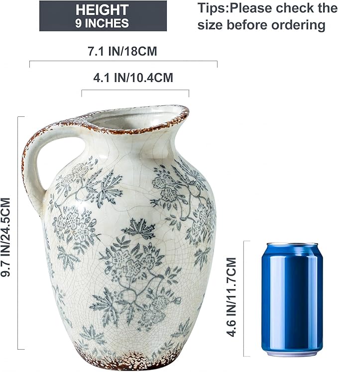 Enra Vintage vase with Handle,Blue and White Ceramic Decorative Flower vase, Vintage Pitcher,Large Rustic Vases for Home Decors, Living Room, Bookshelf, Office，9.7 inch
