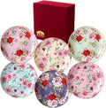 BTaT- Ceramic Floral Dessert Plates, Set of 6, 8 Inch, Assorted Colors with Golden Rim, Deep Porcelain Floral Plates with Gift Box, Dishwasher Safe