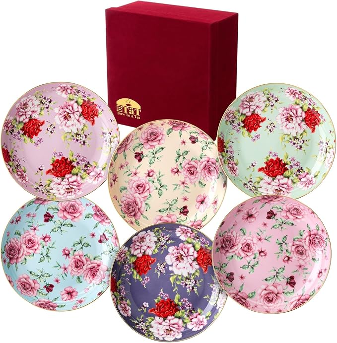 BTaT- Ceramic Floral Dessert Plates, Set of 6, 8 Inch, Assorted Colors with Golden Rim, Deep Porcelain Floral Plates with Gift Box, Dishwasher Safe