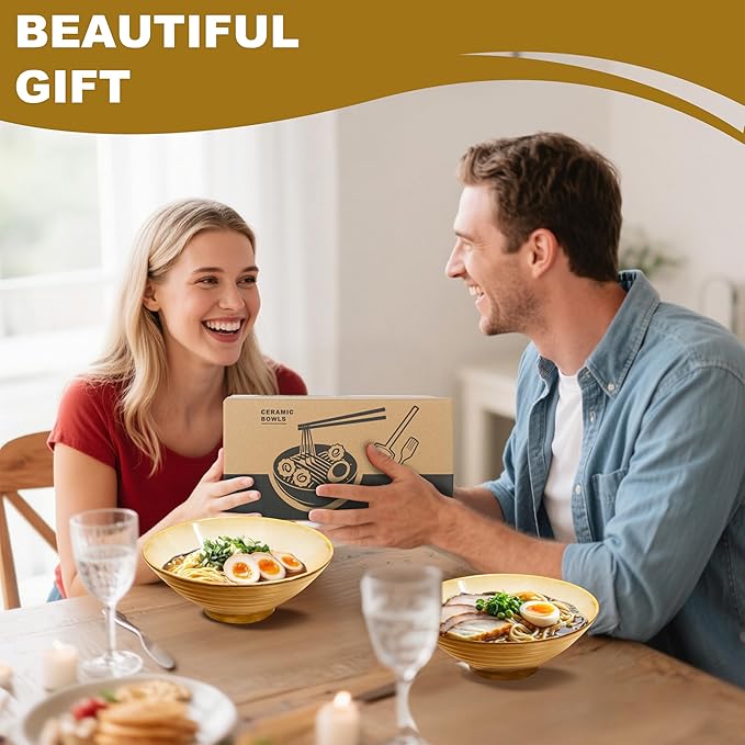 8-Inch 2 Sets Ceramic Ramen Bowl (8 Piece) - Japanese Porcelain Dishwasher Microwave Safe Salad Noodles Cereal Pasta Soup Large Bowls with Chopsticks Forks Spoons for Men Women Housewarming Gift