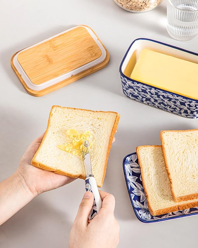 vancasso SELENE Butter Dish with Lid, 6.5" Large Butter Dish for Countertop, Ceramic Butter Keeper Container with Knife and Bamboo Lid, Blossom Cluster Pattern