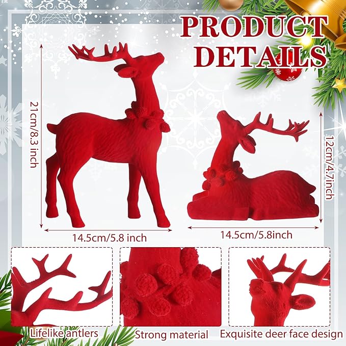 Wesiti 4 Pcs Christmas Reindeer Decor Small Artificial Red Flocked Ceramic Standing Sitting Reindeer Figurine Mini Deer Christmas Tabletop Decoration for Xmas Holiday Indoor Rustic Statue Table Decor