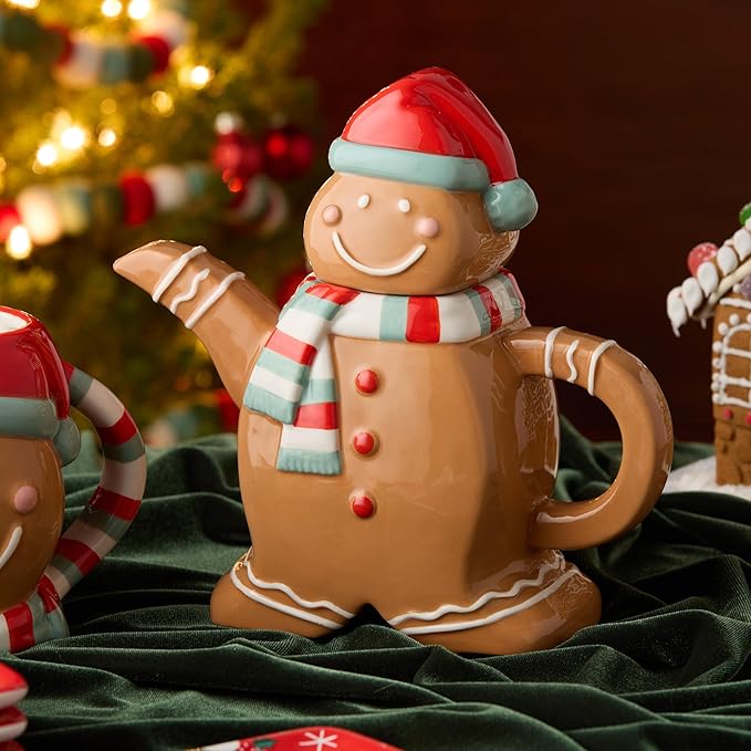 Christmas Whimsy Gingerbread Teapot – 3D Ceramic Holiday Teapot with Festive Red Hat & Scarf, Whimsical Kitchen Décor, Giftable Christmas Serveware, Cocoa & Tea Pot for Entertaining