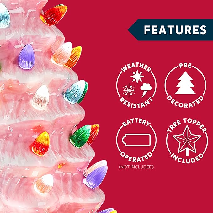 Joiedomi 15" Ceramic Christmas Tree, Table Top Christmas Decor with Star Topper, Vintage Pre-lit Xmas Tree with Multicolored LED Lights, Battery Operated Hand-Painted Xmas Decorations Indoor Home