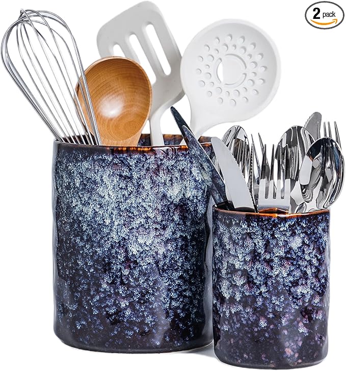 Utensil Holder, 7.25"+5.25" Ceramic Kitchen Utensil Holder for Countertop, Large Cooking Utensil Crocks Gift for Mother's Day, Home Kitchen Decor, Parties,Set of 2, Speckled Black Purple