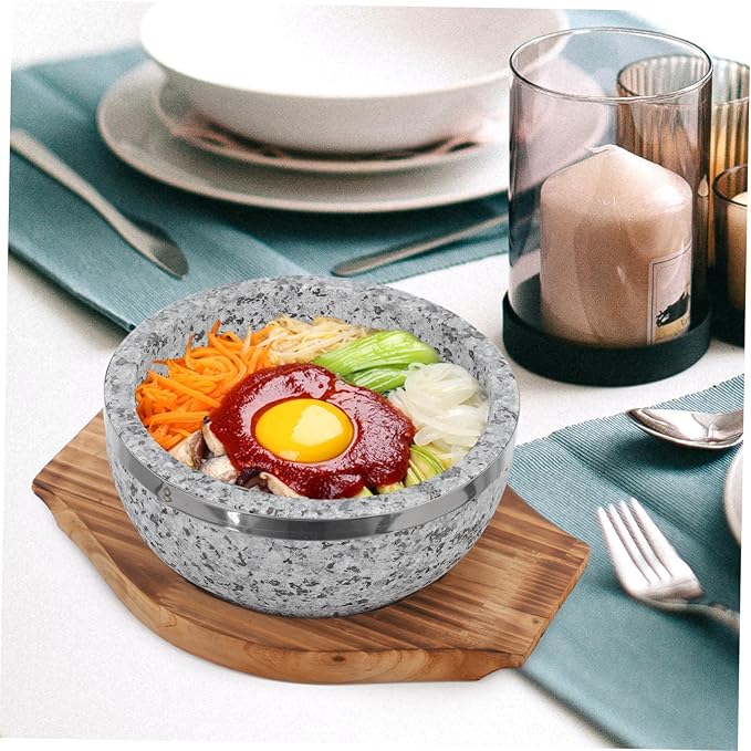 Korean Pot Stone Bowl Heat Retaining Bowl Bibimbap Tray Korean Cuisine Wood Base